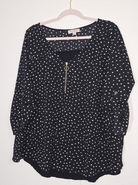 Tempted Black Polka Dot Zip-Front Blouse
